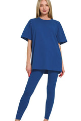 Zenana Cotton Round Neck Top & Legging Set LT NAVY OutfitFlow