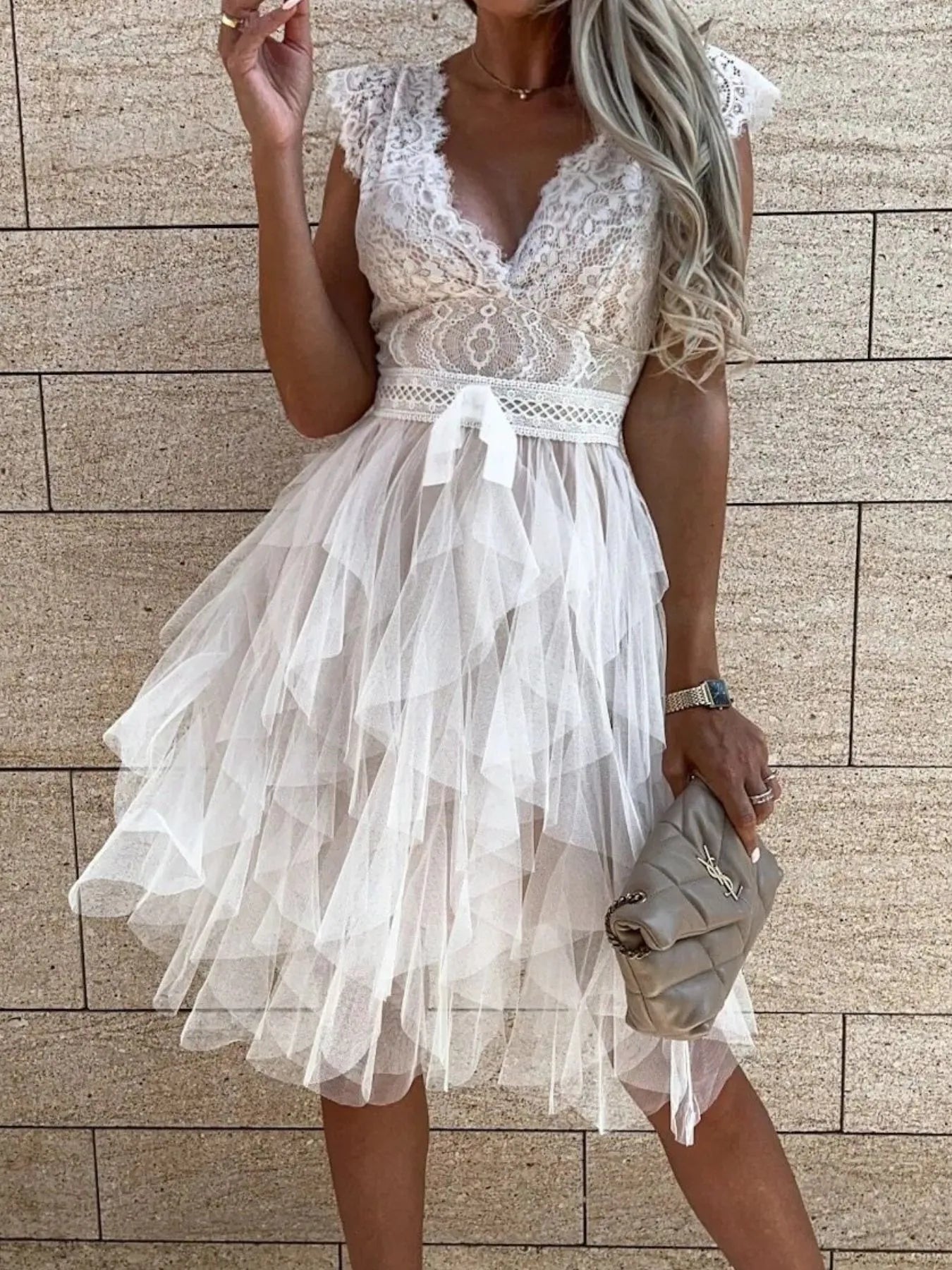 Lace V-Neck Ruffle Dress OutfitFlow