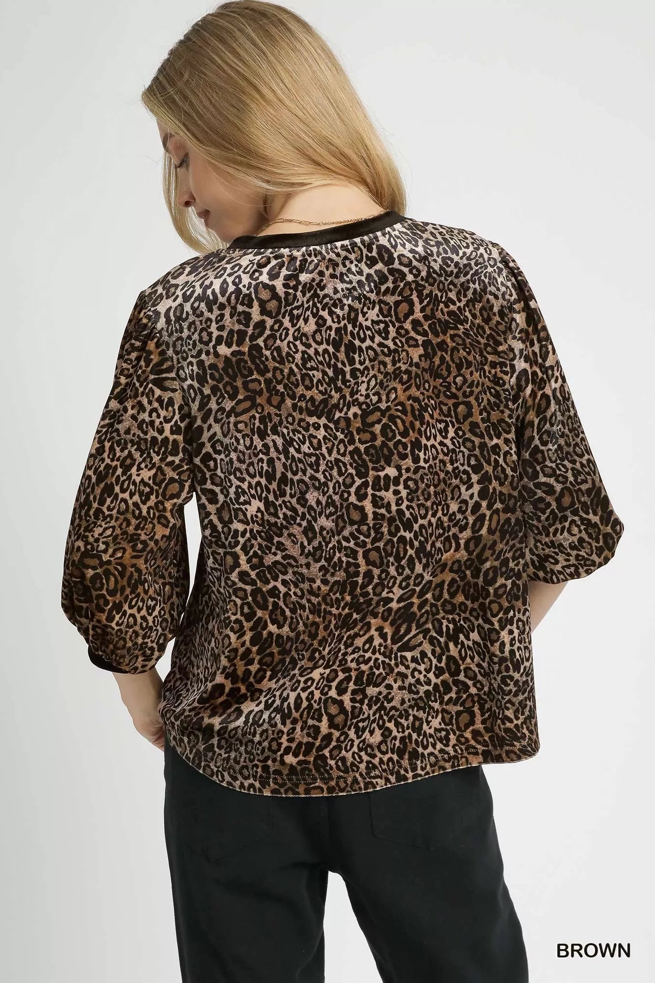 Umgee Leopard Round Neck Three-Quarter Sleeve Blouse Trendsi