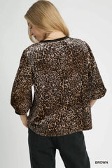 Umgee Leopard Round Neck Three-Quarter Sleeve Blouse Trendsi