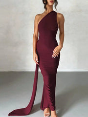 Backless One-Shoulder Ruched Bodycon Maxi Dress Burgundy OutfitFlow