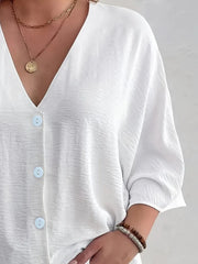 Full Size Casual V-Neck Button Down Relaxed Fit Blouse Plus Size OutfitFlow