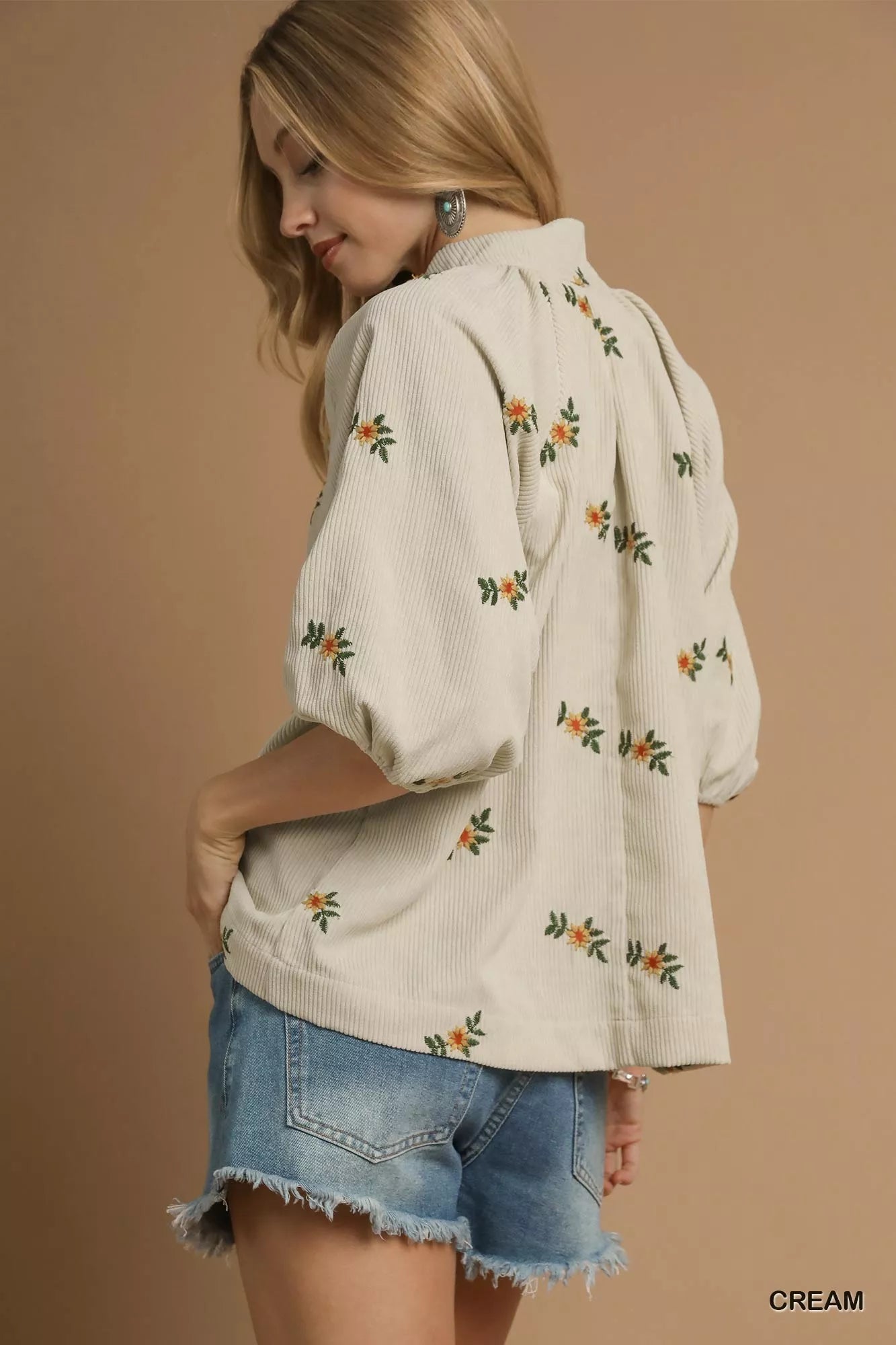 Umgee Corduroy Floral Embroidered Puff Sleeve Blouse Trendsi