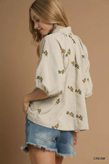 Umgee Corduroy Floral Embroidered Puff Sleeve Blouse Trendsi