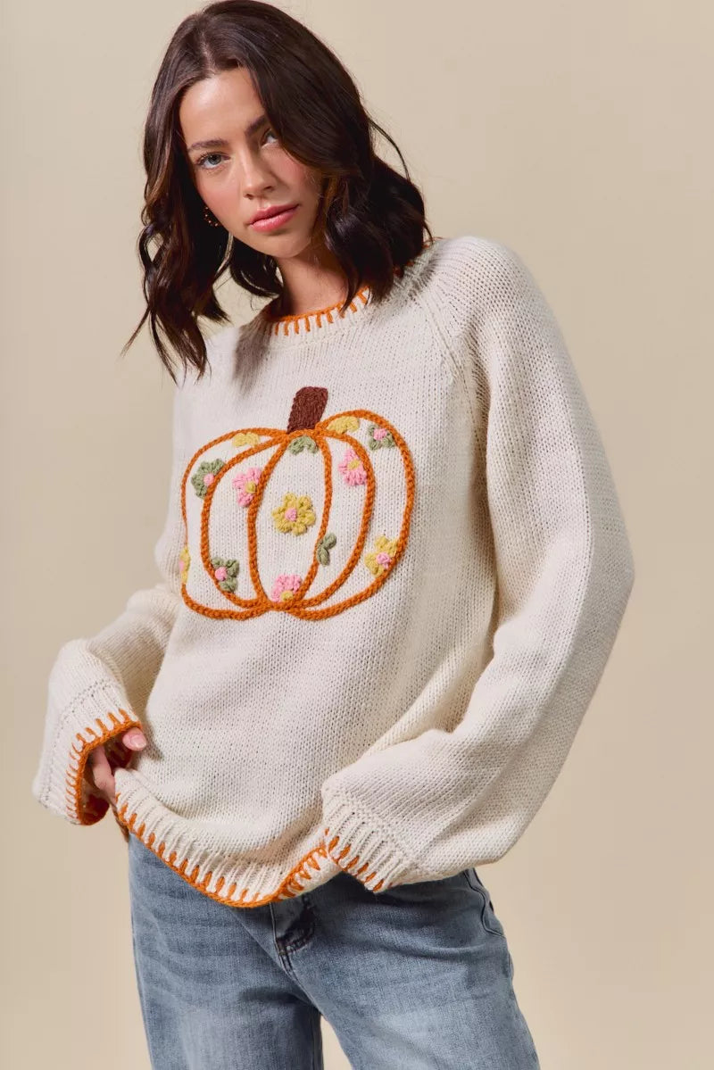 SO ME Pumpkin Floral Embroidered Thanksgiving Sweater OutfitFlow