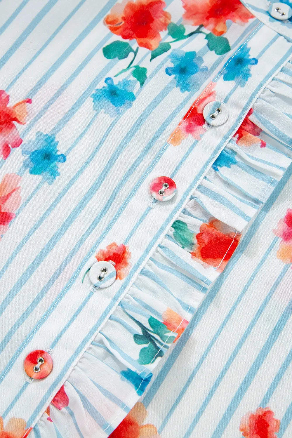 Stripe Floral Pattern Ruffle Short Sleeve Belted Mini Dress OutfitFlow
