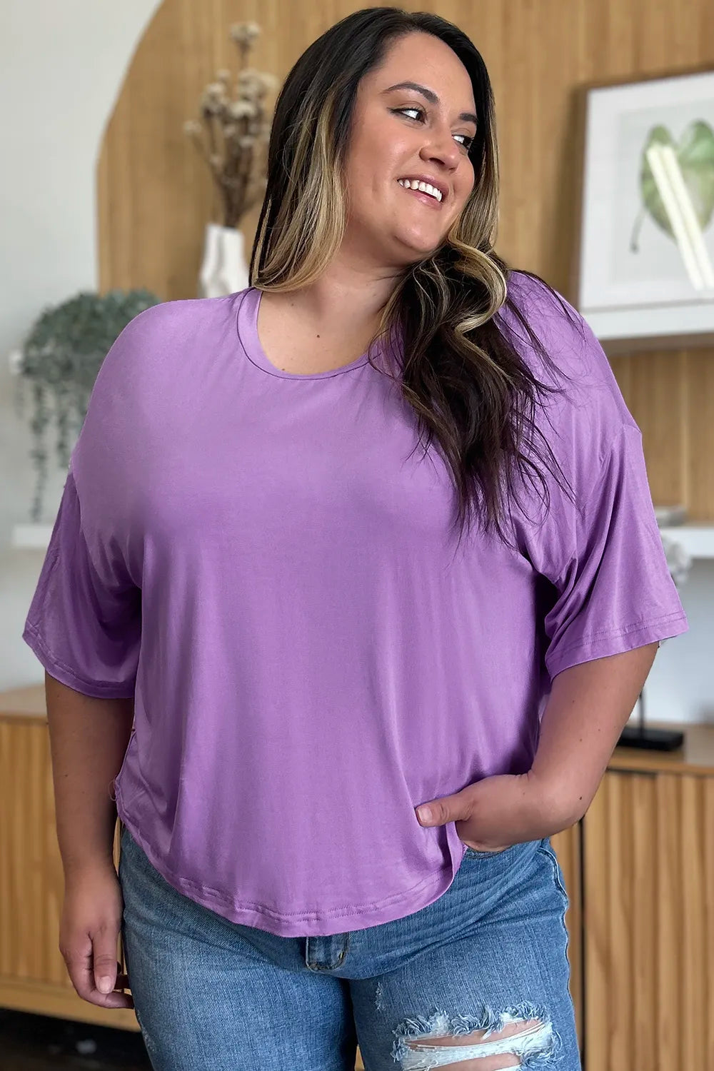 Basic Bae Bamboo Full Size Round Neck Drop Shoulder T-Shirt OutfitFlow