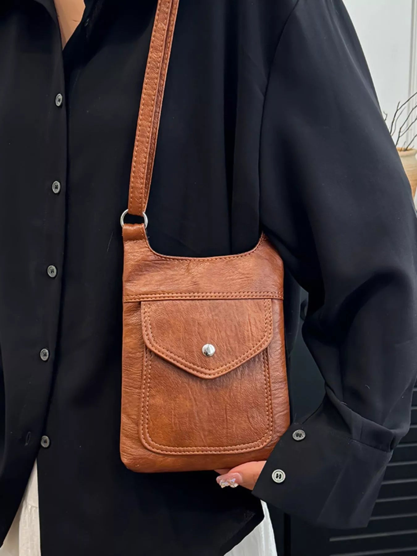 Adjustable Strap Leather Crossbody Bag OutfitFlow