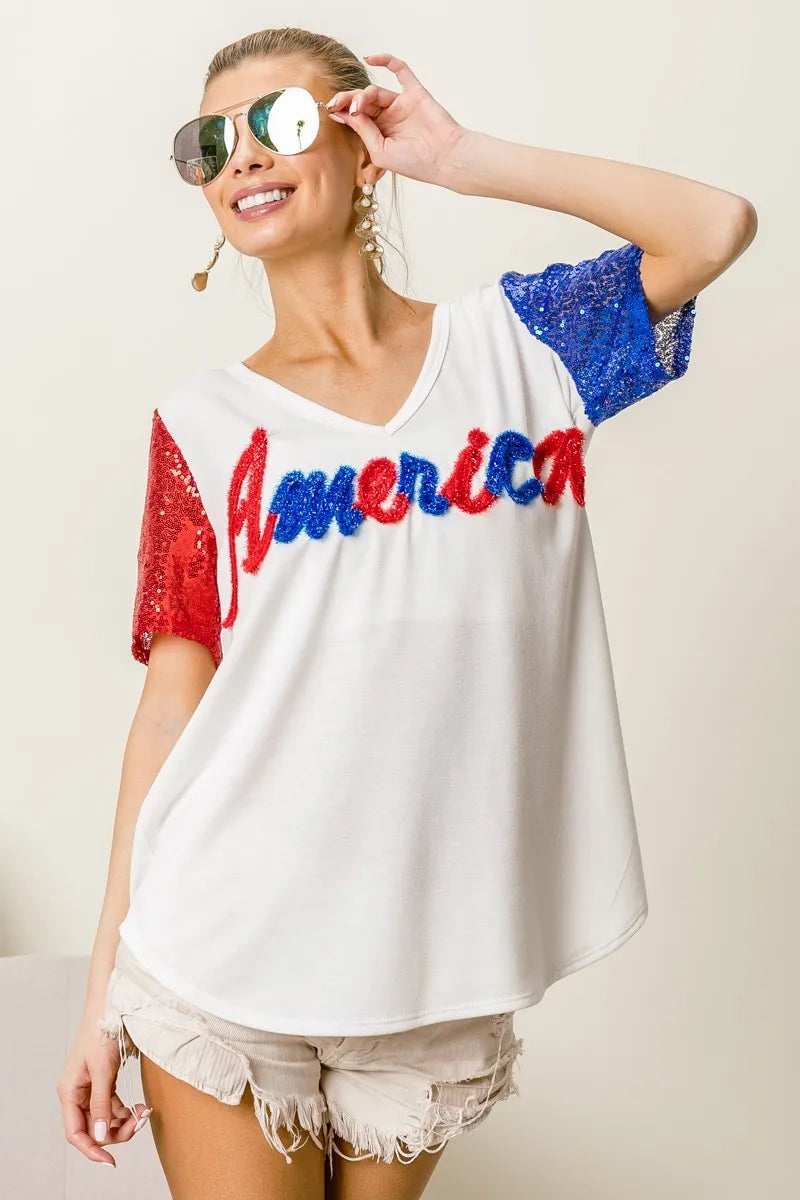 BiBi Metallic Letter V-neck Sequin Sleeves Top OutfitFlow