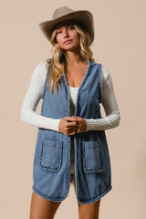 Outfit Flow - BiBi Braided Trim Open Front Denim Vest with Pockets