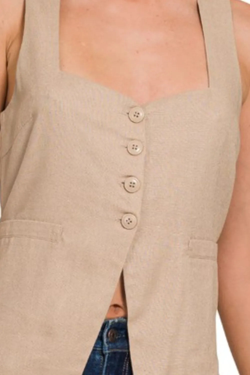 Zenana Linen Tie-back 4-button Vest with Lining OutfitFlow