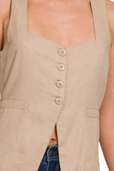 Zenana Linen Tie-back 4-button Vest with Lining OutfitFlow