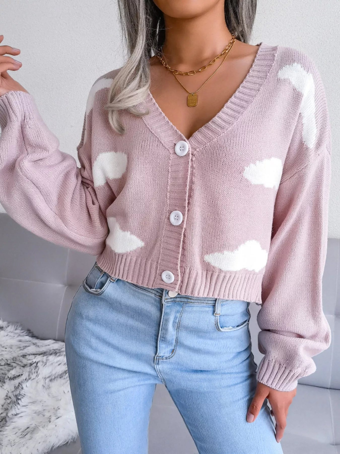 Cloud Pattern Button-Up Cropped Cardigan OutfitFlow