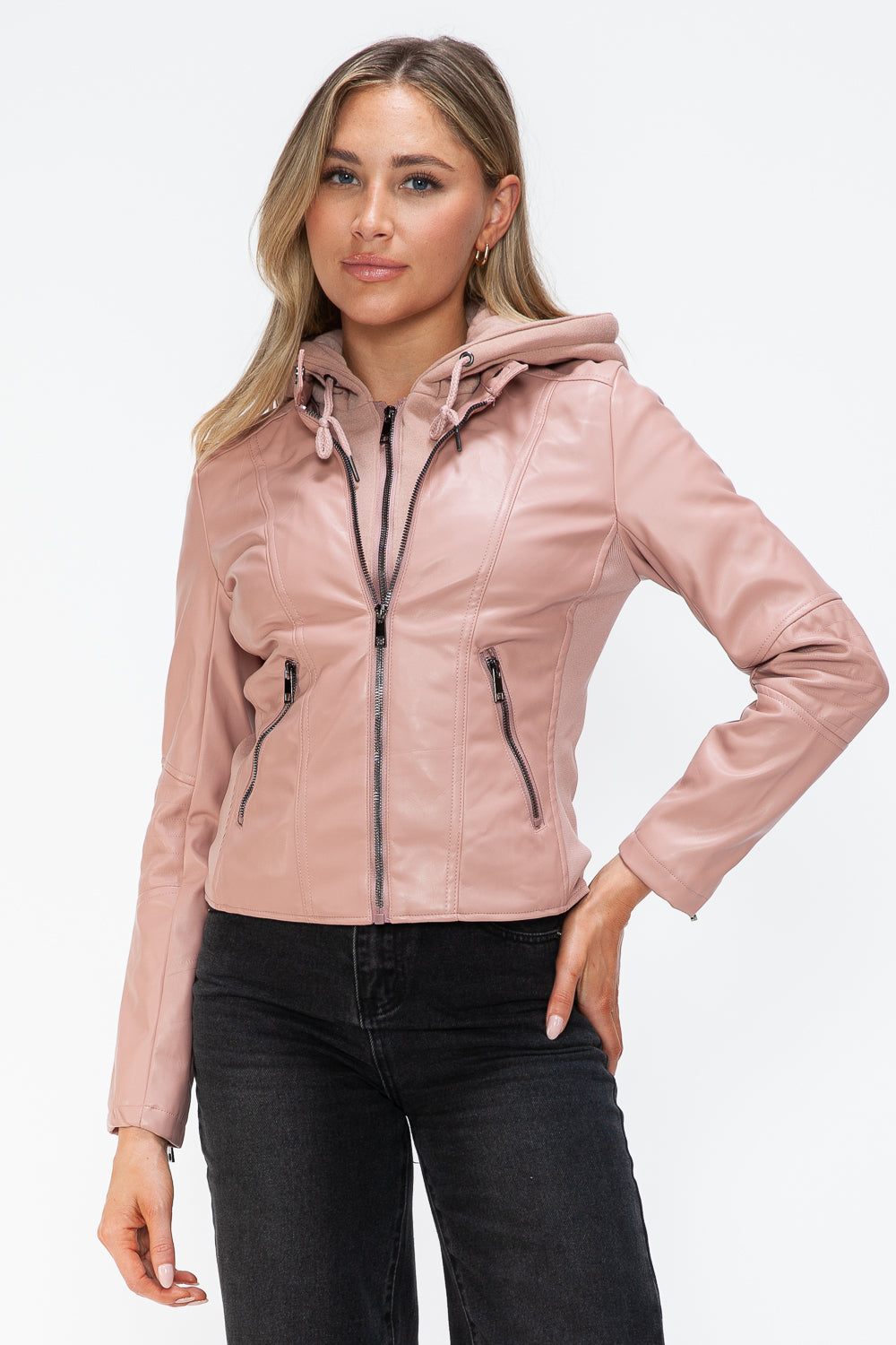 Outfit Flow - Snobbish Faux Leather Zip Up Drawstring Hooded Jacket