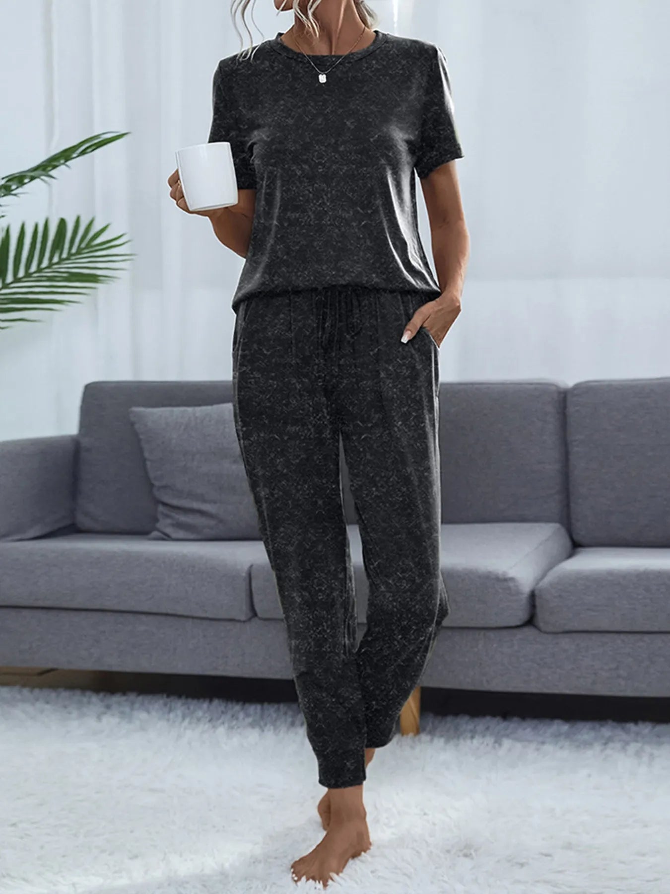Round Neck Short Sleeve Top and Pants Lounge Set Black OutfitFlow
