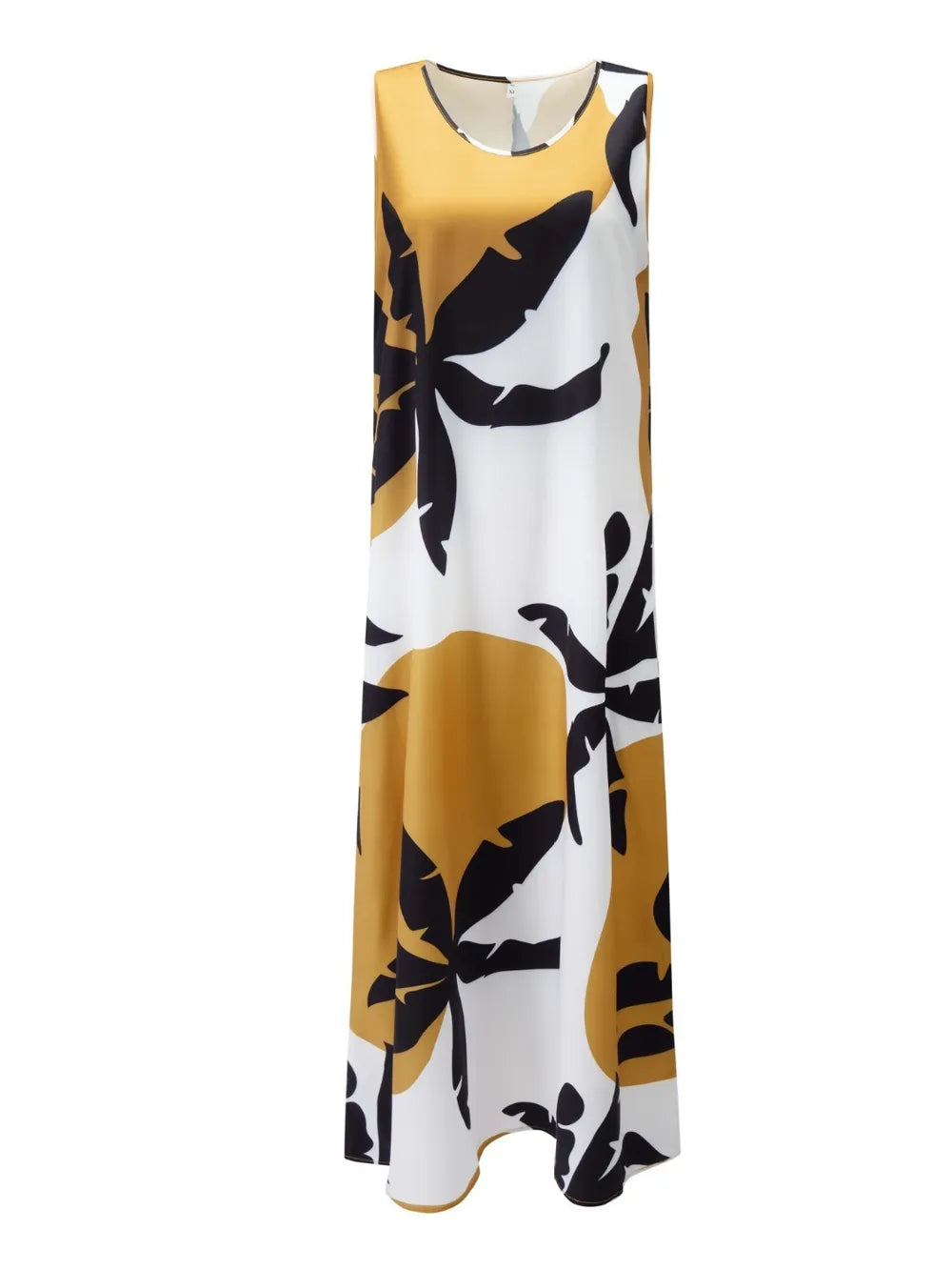 Printed Round Neck Mini Tank Dress Mustard OutfitFlow