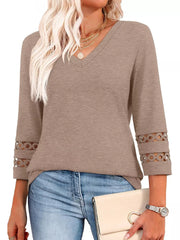 Full Size V-Neck 3/4 Sleeve T-Shirt Plus Size Khaki OutfitFlow