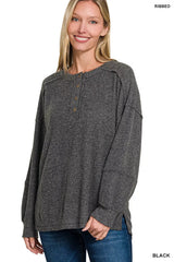 Zenana Full Size Ribbed Brushed Hacci Melange Henley Sweater Plus Size BLACK Trendsi