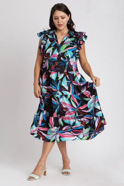 Umgee Full Size Leaf Print Double Layered Ruffle Sleeve Tiered Midi Dress Plus Size OutfitFlow