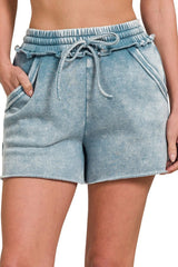 Zenana Acid Wash Fleece Drawstring Shorts With Pockets BLUE GREY OutfitFlow