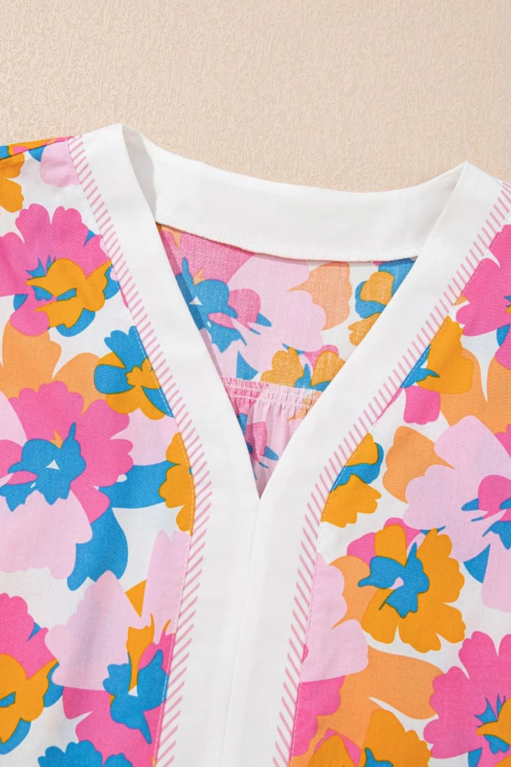 Floral Striped Edge V Neck Knotted Short Sleeve Blouse OutfitFlow