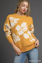 Umgee Floral Long Sleeve Sweater MUSTARD CREAM OutfitFlow