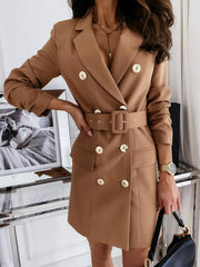 Double-Breasted Belted Blazer Dress Khaki OutfitFlow
