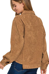 Zenana Distressed Corduroy Frayed Hem Cropped Jacket OutfitFlow