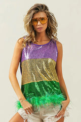 BiBi Mardi Gras Color Block Faux Feather Hem Sequin Top OutfitFlow
