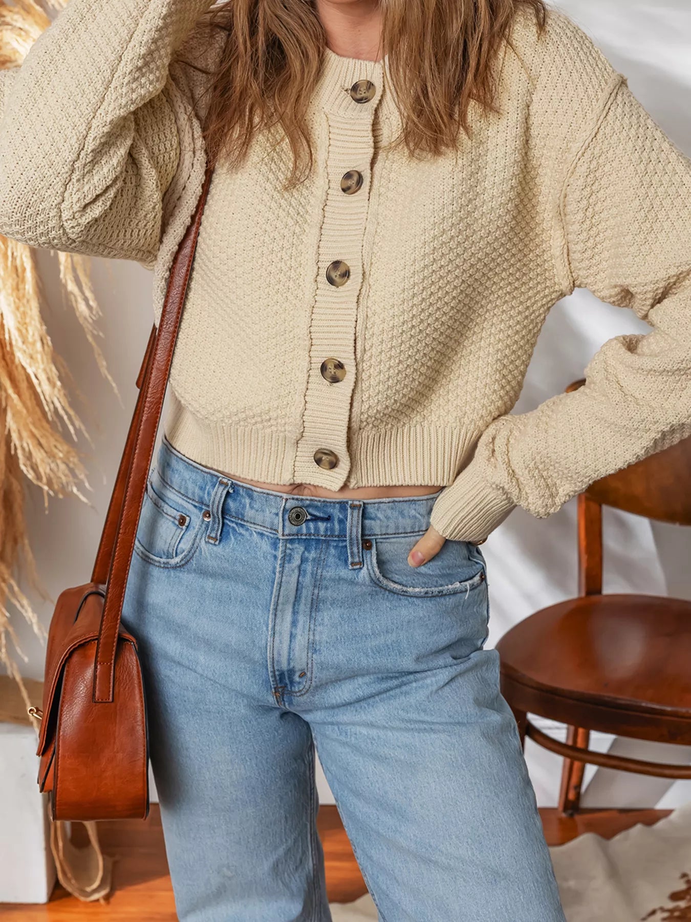 Button Front Cropped Cardigan OutfitFlow