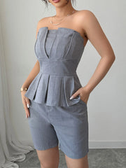 Strapless Peplum Top and Shorts Two-Piece Set OutfitFlow