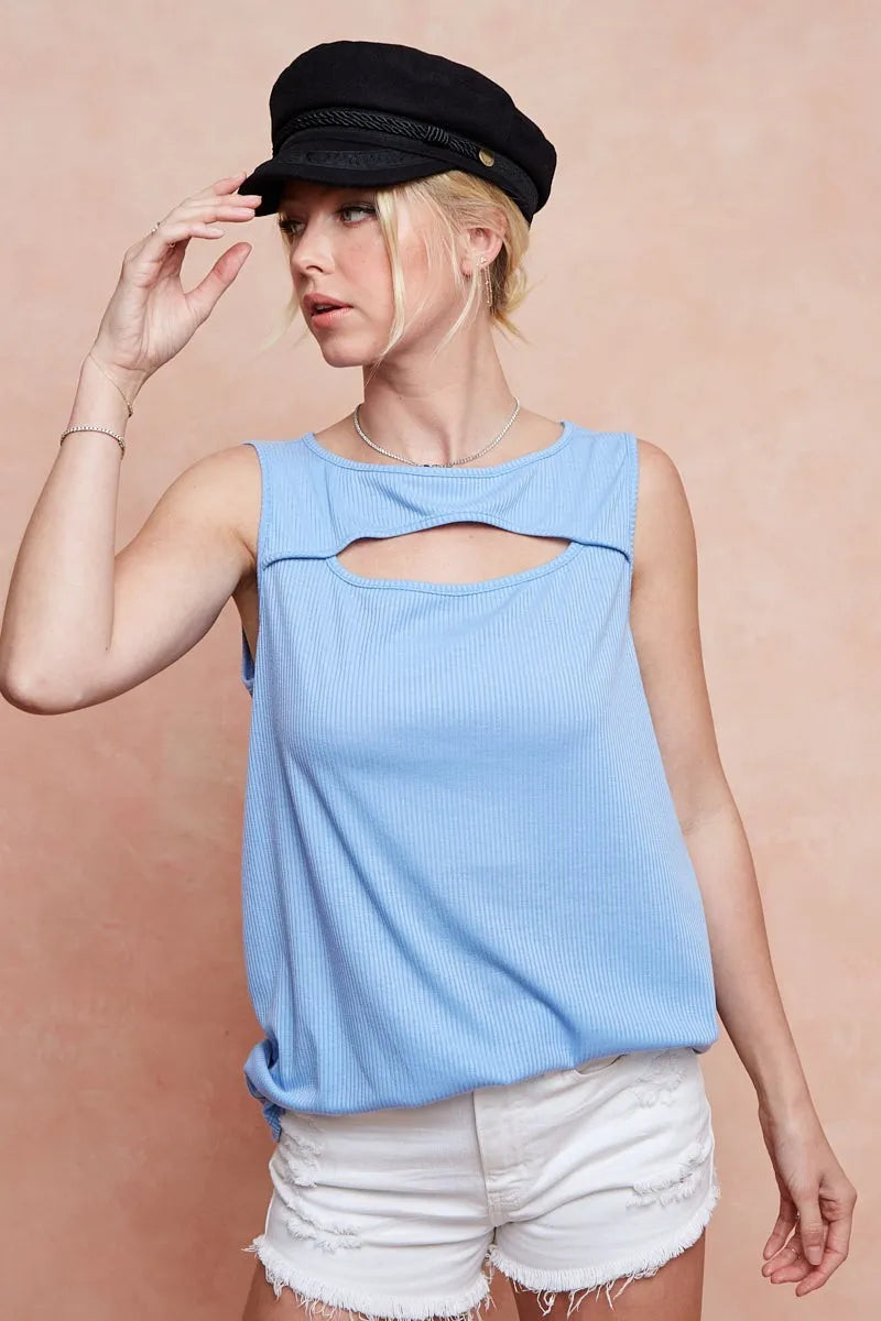 BiBi Soft Rib Knit with Cut Out Front Sleeveless Top OutfitFlow