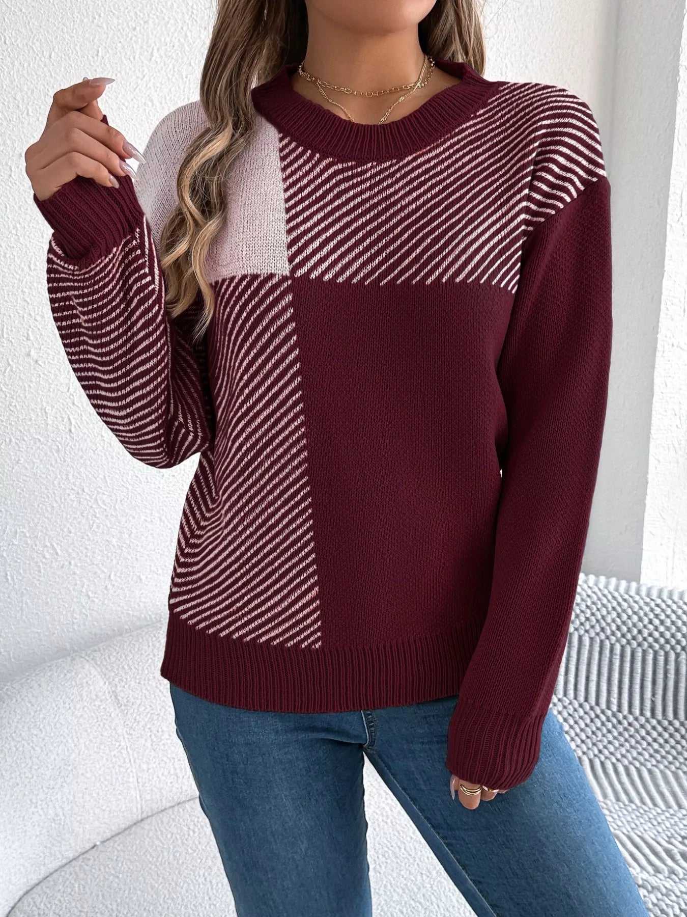 Color Block Striped Round Neck Sweater OutfitFlow