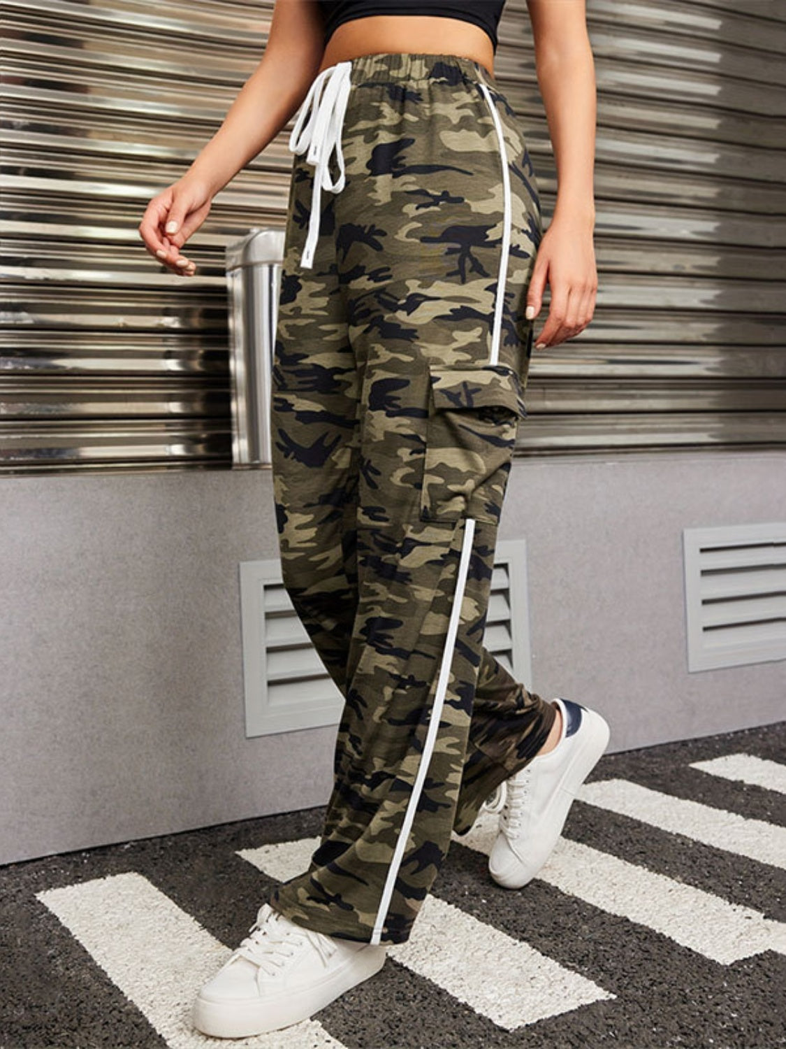 Outfit Flow - Tied Camouflage Pants with Cargo Pockets