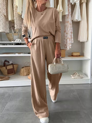 Ribbed Knit Round Neck Top and Pants Set Khaki OutfitFlow
