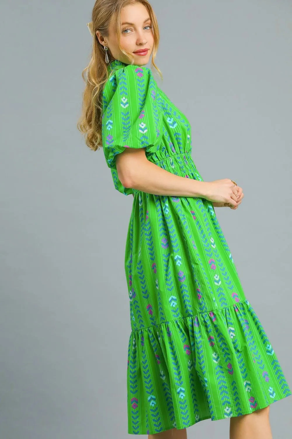Umgee Printed Midi Dress with Ruffled Hem OutfitFlow