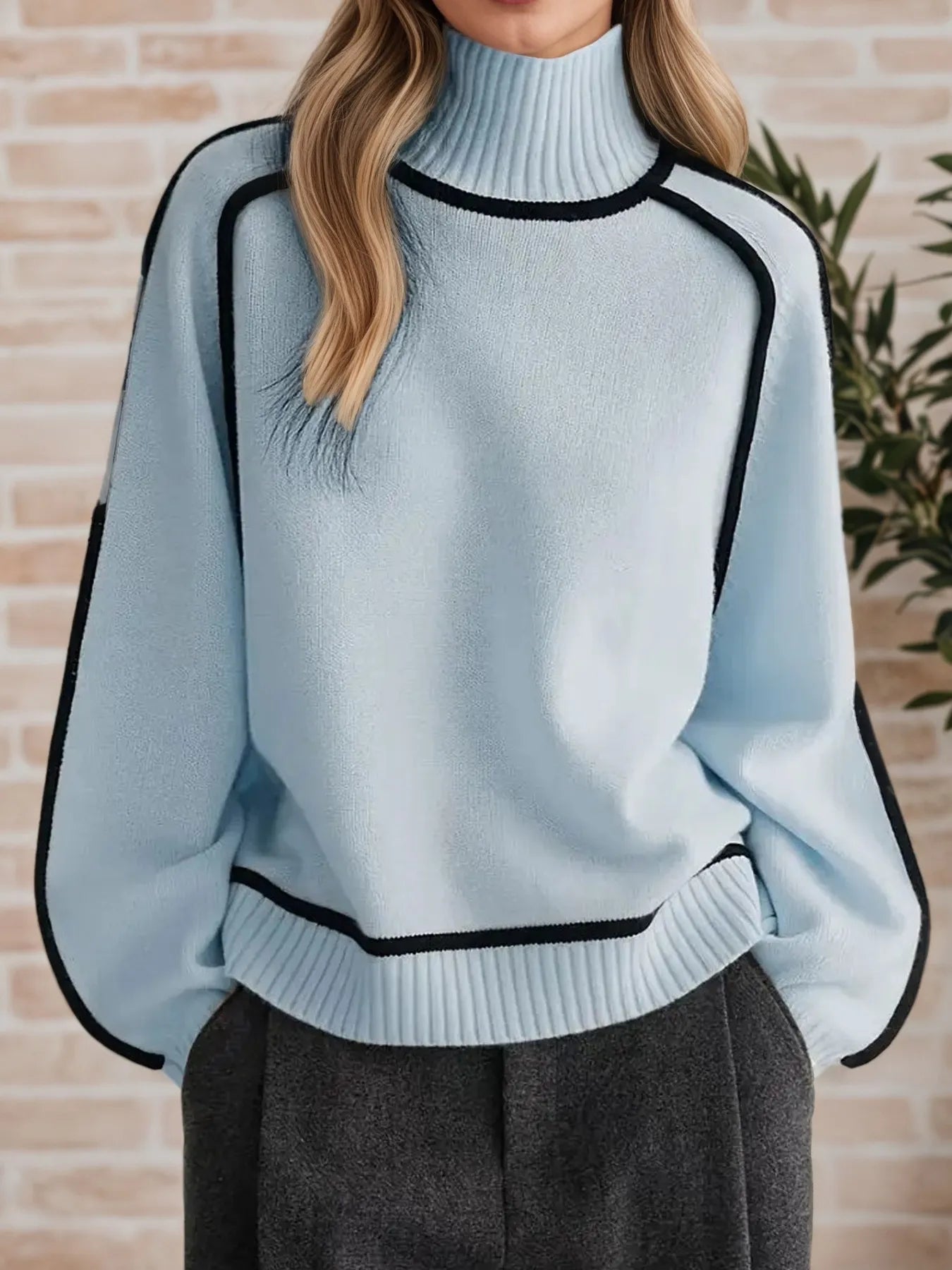 Contrast Trim Turtleneck Sweater OutfitFlow