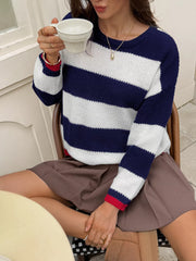Striped Round Neck Sweater Blue OutfitFlow
