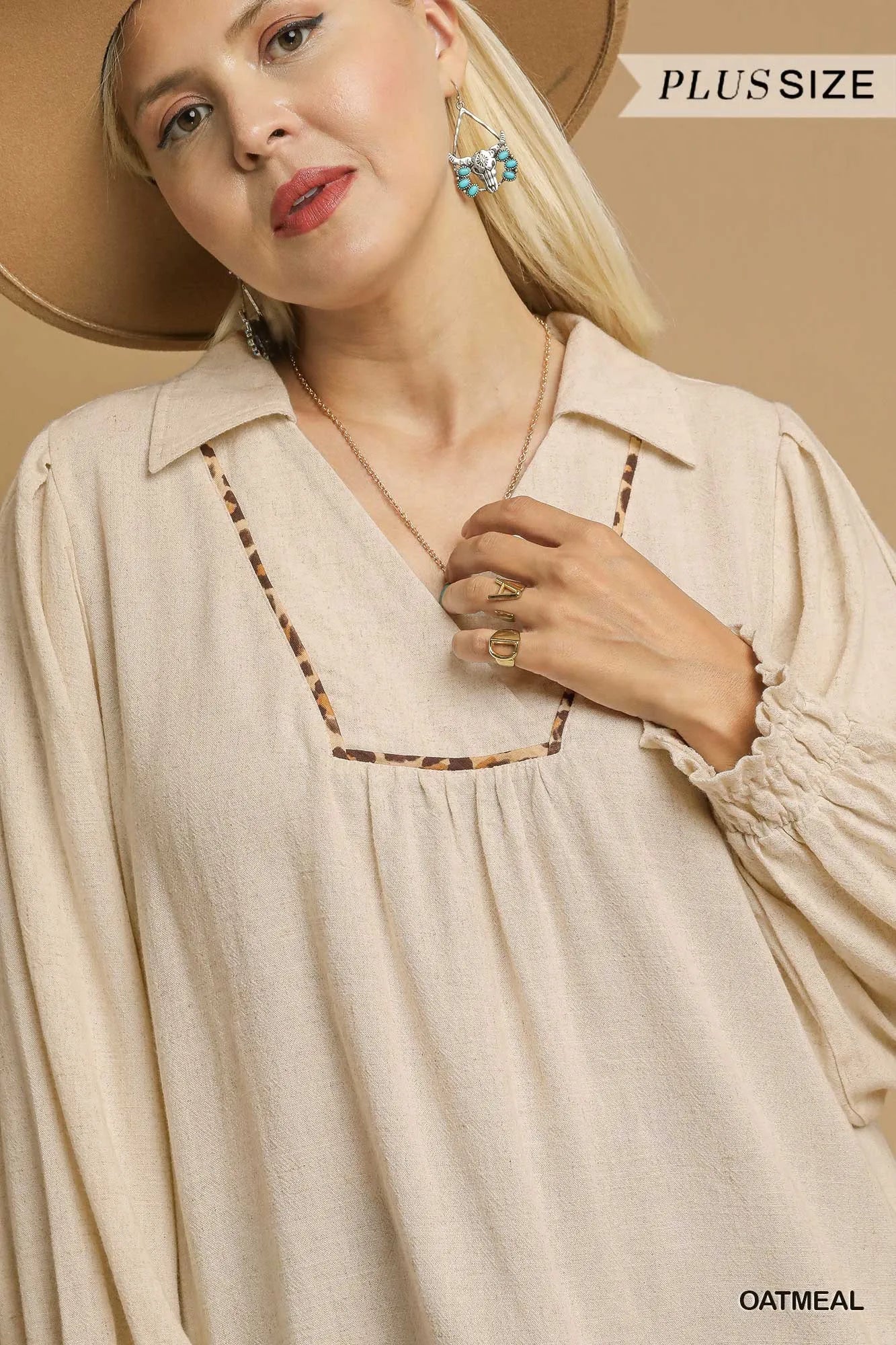 Umgee Full Size Linen Scallop Hem Blouse with Contrast Trim Plus Size Trendsi