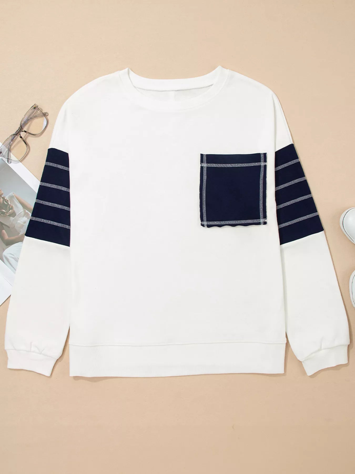 Exposed Seam Detail Color Block Patch Pocket Drop Shoulder Sweatshirt OutfitFlow