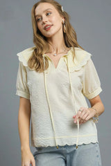 Umgee Peter Pan Collar Short Sleeve Blouse Cream OutfitFlow