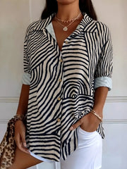 Plus Size Abstract Zebra Print Button-Down Shirt Khaki OutfitFlow