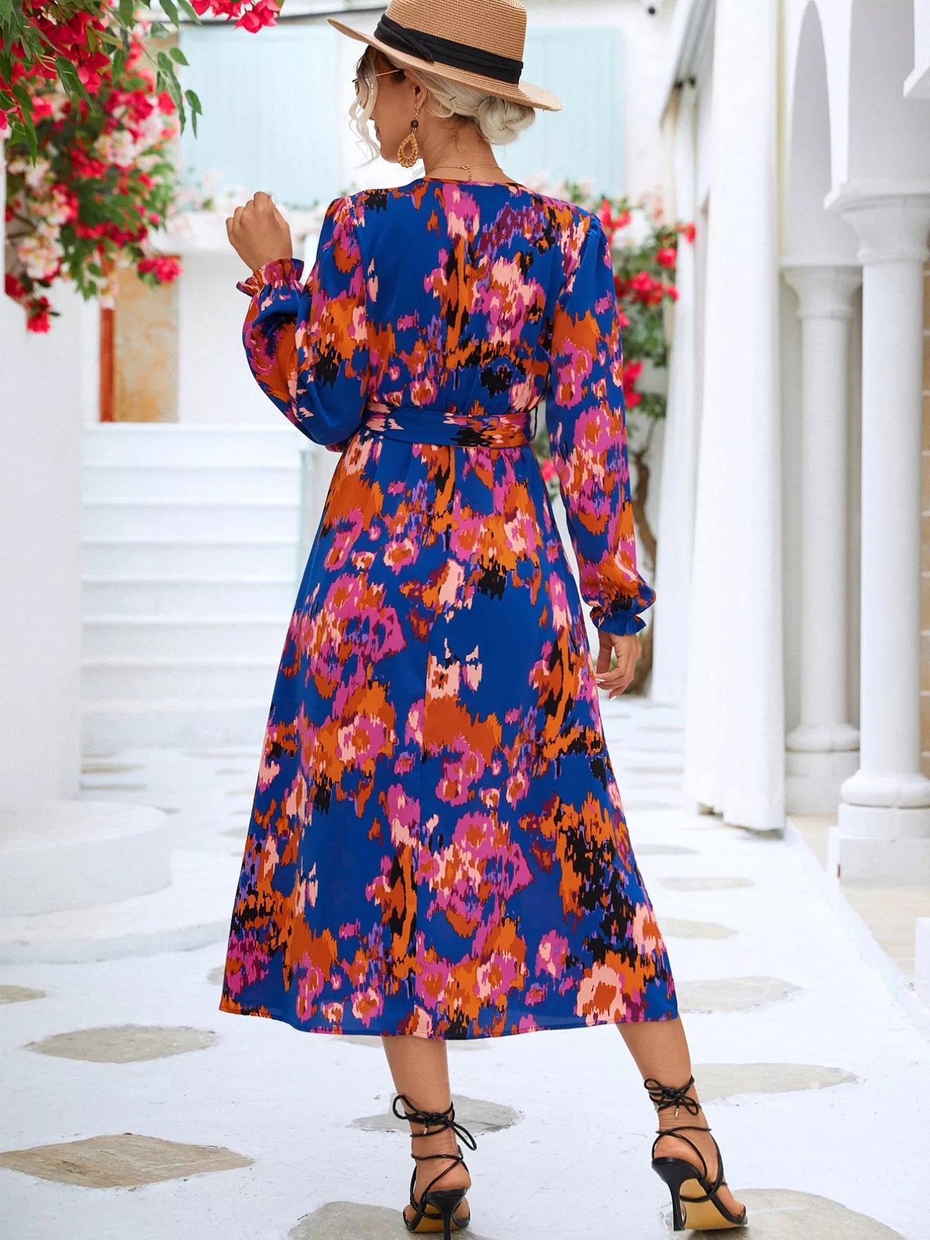 Printed Surplice Long Sleeve Midi Dress OutfitFlow