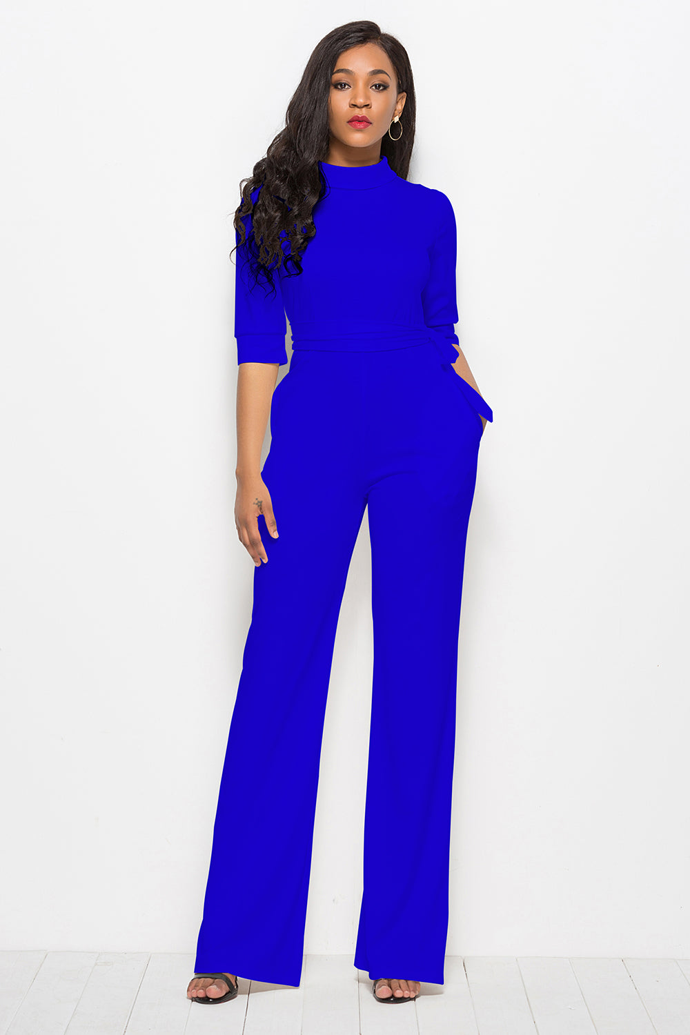 Outfit Flow - Mock Neck Tie-Waist Half Sleeve Jumpsuit