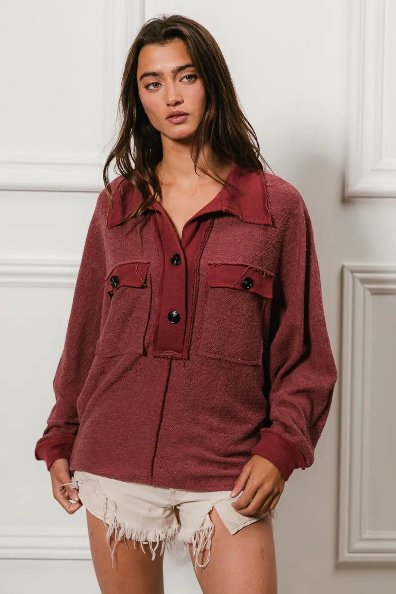 BiBi Cp French Terry Cut Edge Detail Collared Top OutfitFlow