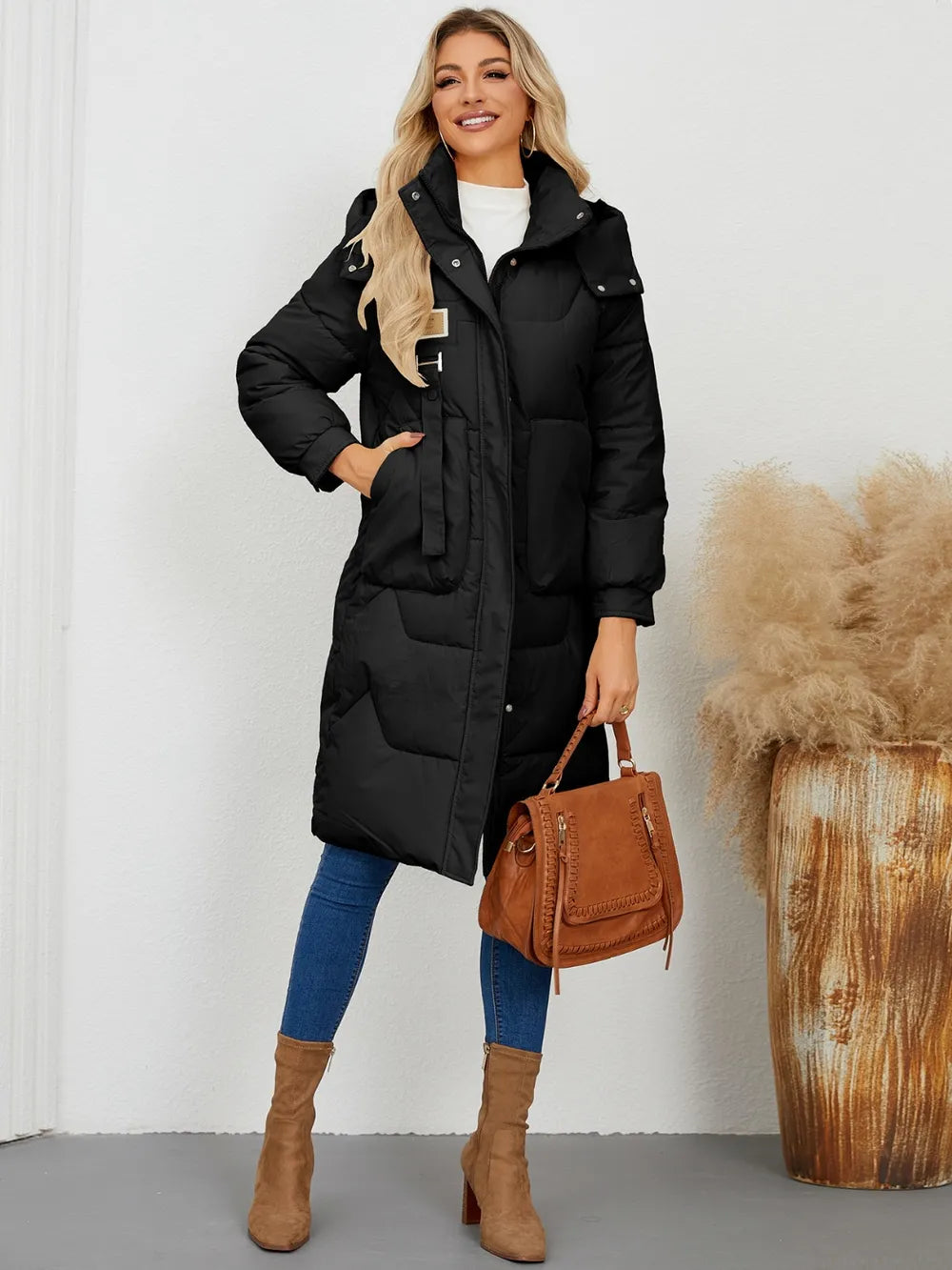 Long Sleeve Longline Hooded Winter Coat OutfitFlow