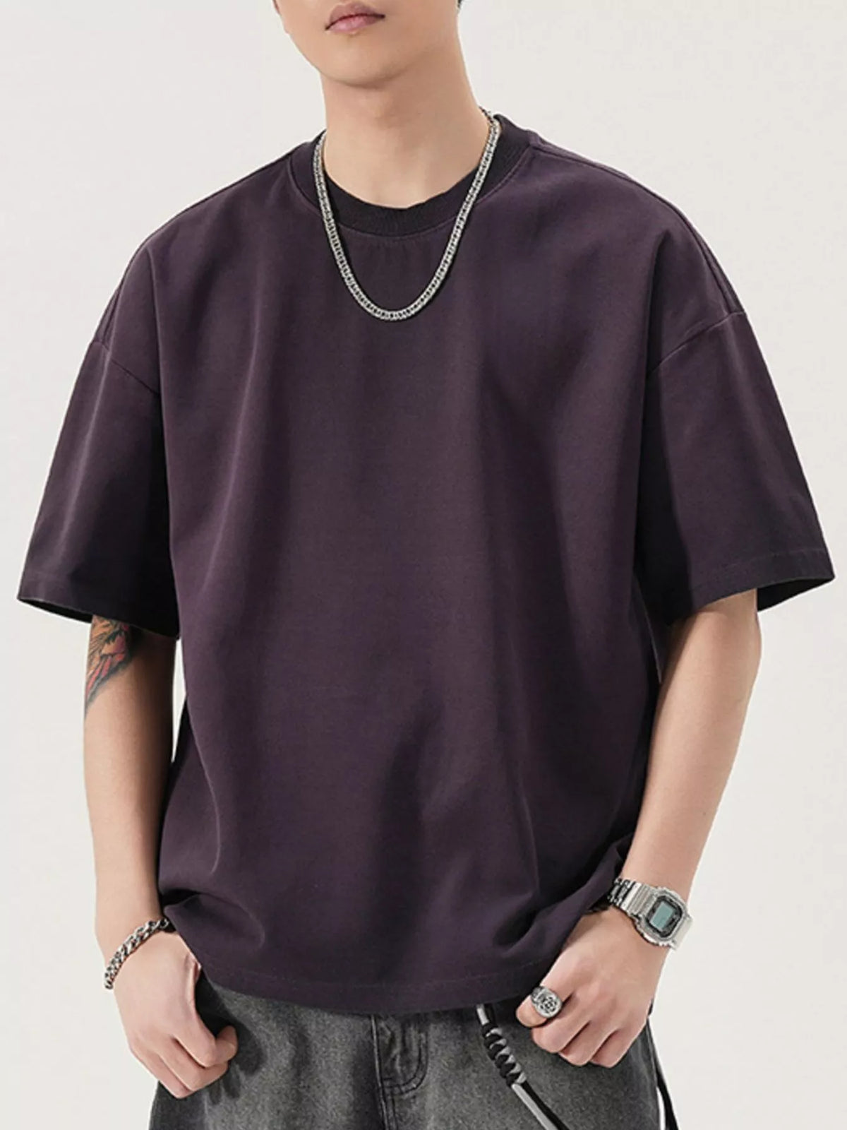Men's Full Size Oversized Round Neck T-Shirt Plus Size Plum Purple Trendsi