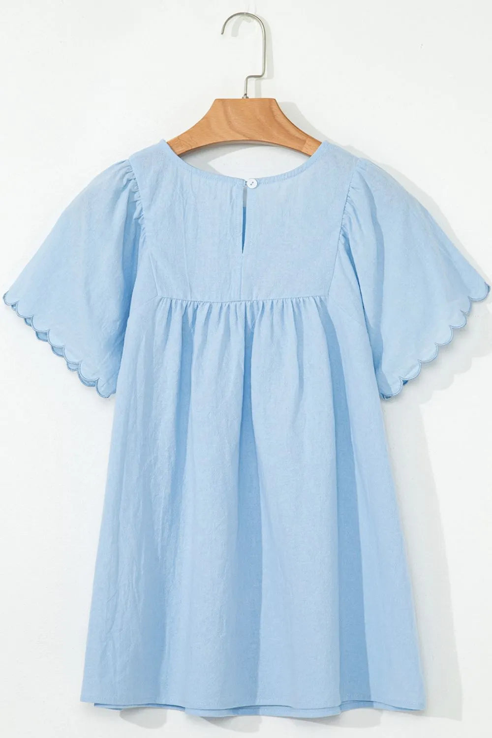 Solid Color Embroidered Scalloped Sleeves Crew Neck Blouse OutfitFlow