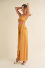 MABLE Smocked Bralette Crop Top and Wide Leg Pants Set OutfitFlow