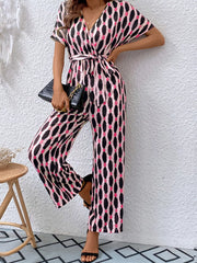 Printed Surplice Tie Waist Short Sleeve Jumpsuit Dusty Pink OutfitFlow